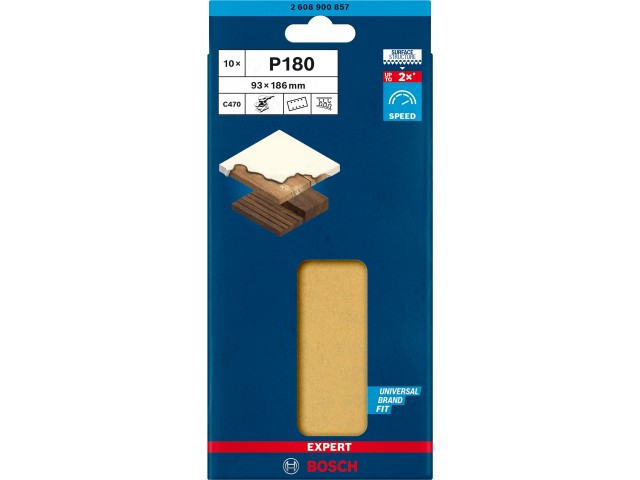 Brusni papir EXPERT Bosch z 8 luknjami za vibracijske brusilnike, Dimenzije: 93x186mm, Zrnatost: 180, 2608900857